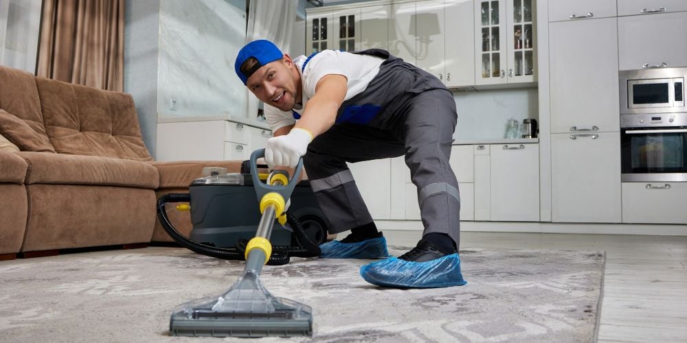 Professional cleaner in uniform using a specialized extraction vacuum machine to deep clean a living room carpet.
