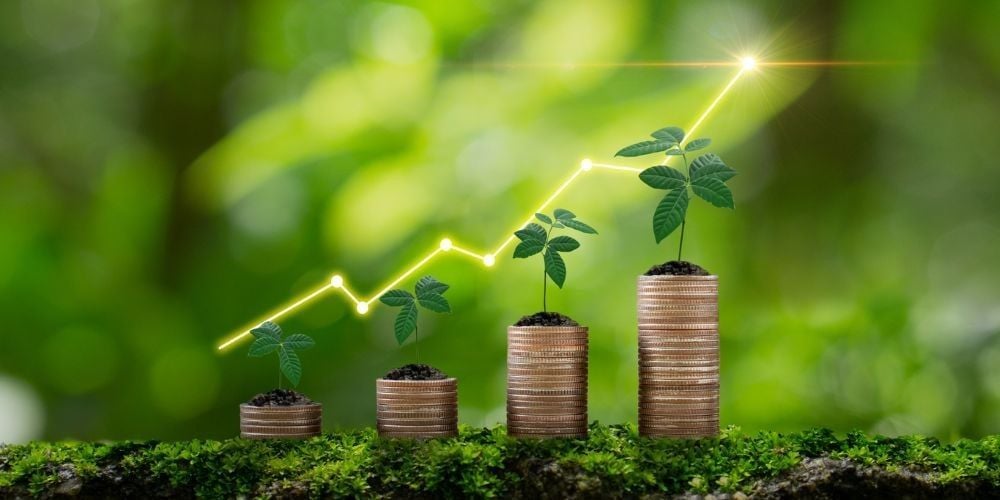 Growing plant saplings atop ascending stacks of coins with a rising financial trend line graph, symbolizing investment growth.